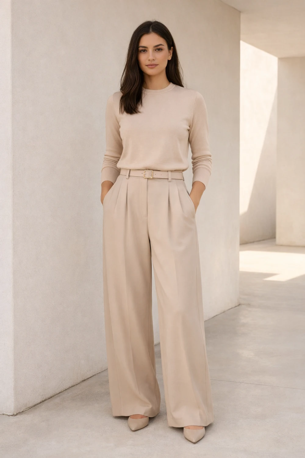 Minimalist modest outfit featuring a neutral monochrome look with wide leg trousers and a fitted top for a clean elegant fashion style.