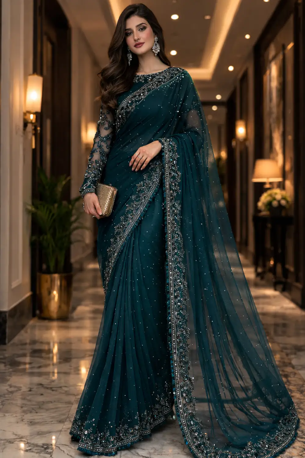 dark teal embroidered luxury net saree premium festive wedding guest party wear saree look