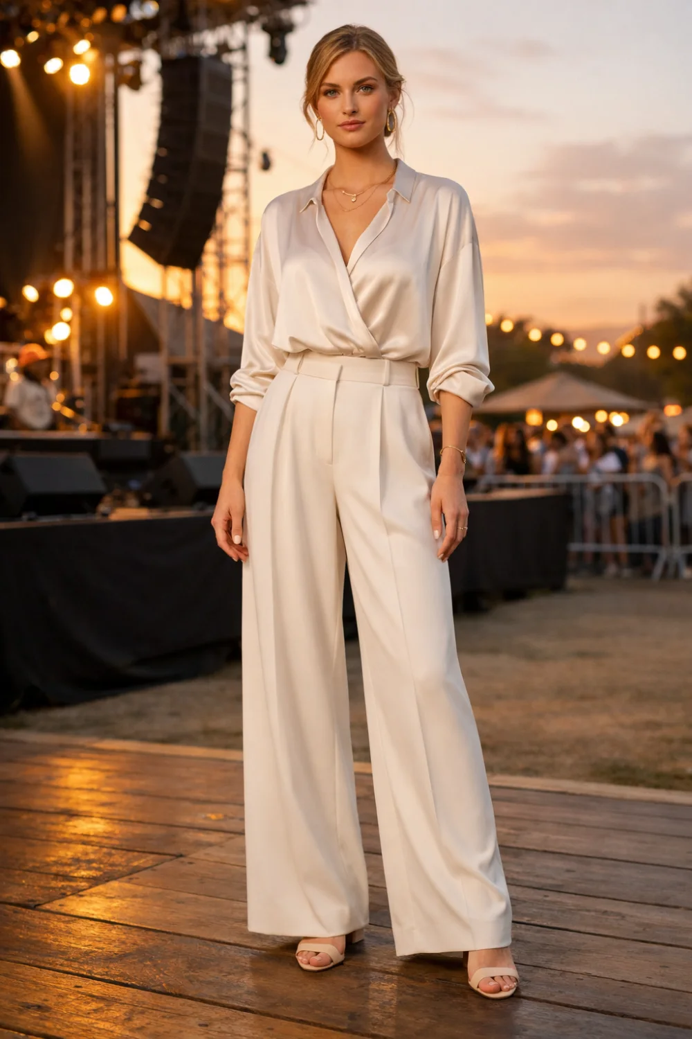 satin blouse with high waisted wide leg trousers elegant concert outfit women evening concert outfit ideas