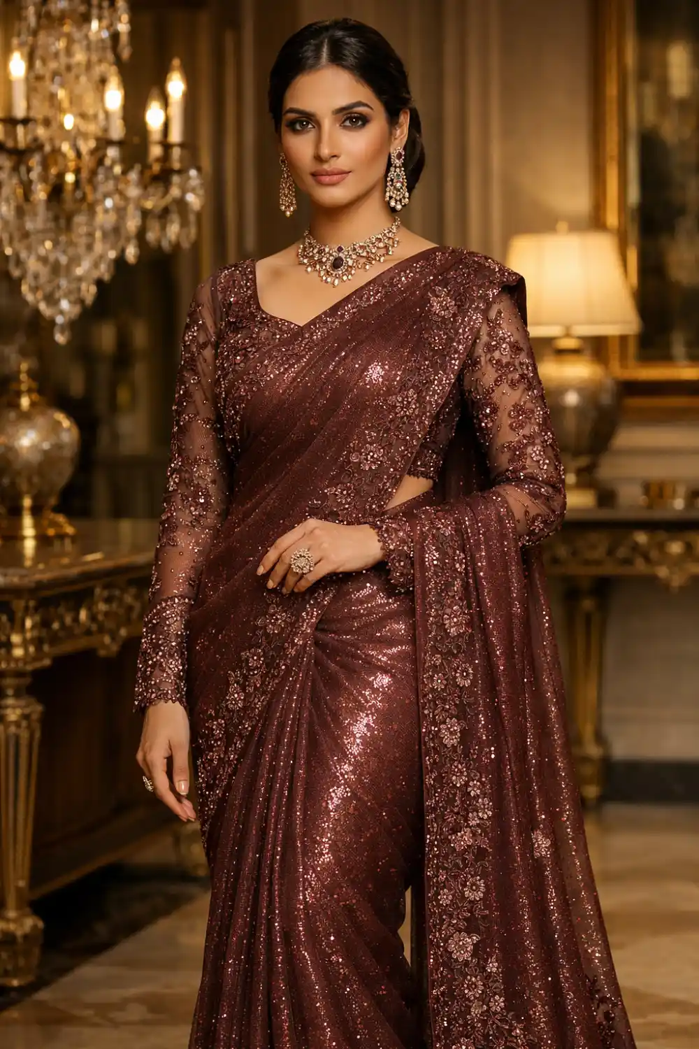 bronze sequin luxury net saree heavy embellished designer party wear festive saree glamorous look