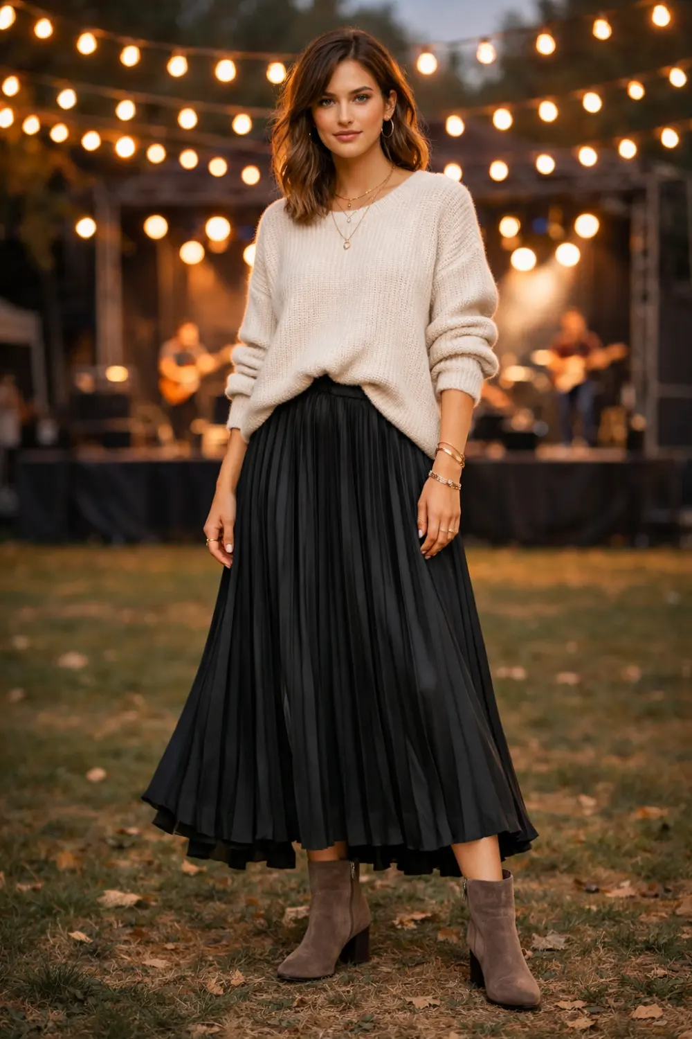 knit sweater with pleated midi skirt and ankle boots fall concert outfit women cozy concert outfit ideas