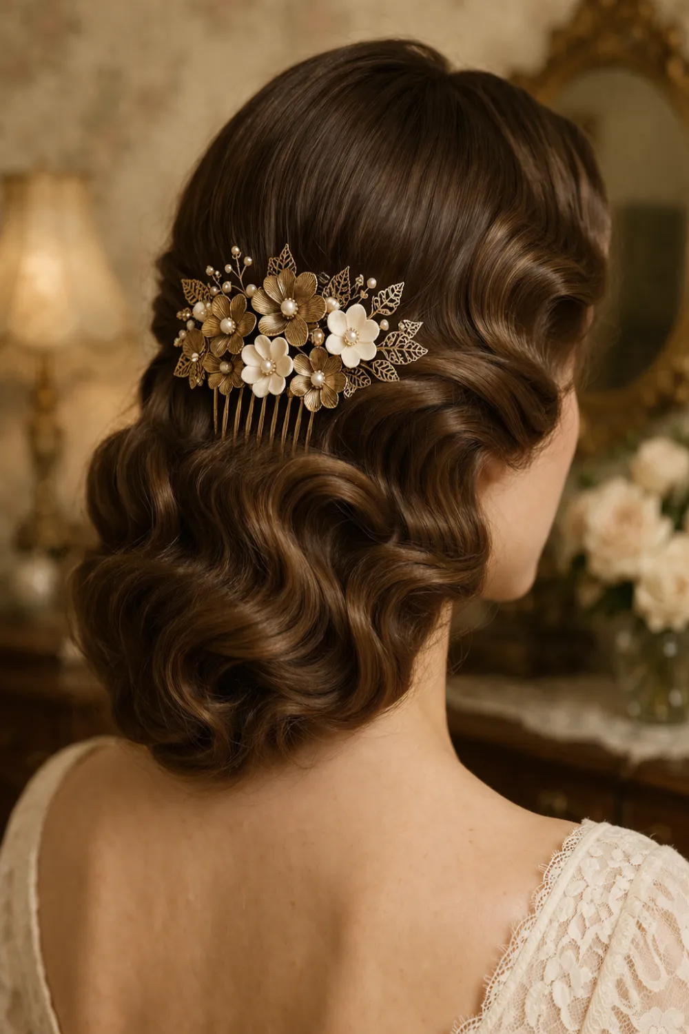 vintage gold floral hair comb placed in classic hollywood waves bridal hairstyle elegant antique inspired wedding hair accessory idea for brides and formal events