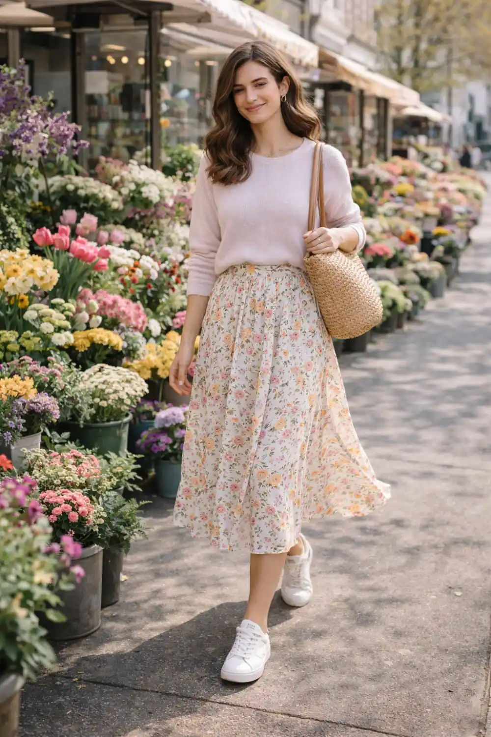 feminine floral midi skirt outfit with soft sweater and white sneakers stylish cold spring outfit idea for women casual spring market walk look