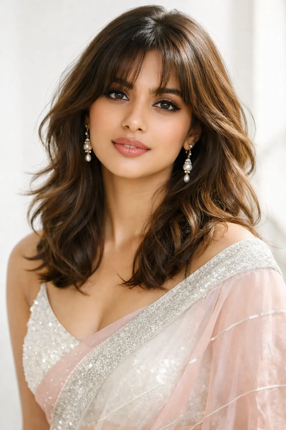 Modern Indian woman wearing an elegant saree styled with soft layered waves and curtain bangs framing the face, creating a trendy and chic hairstyle perfect for festive occasions.