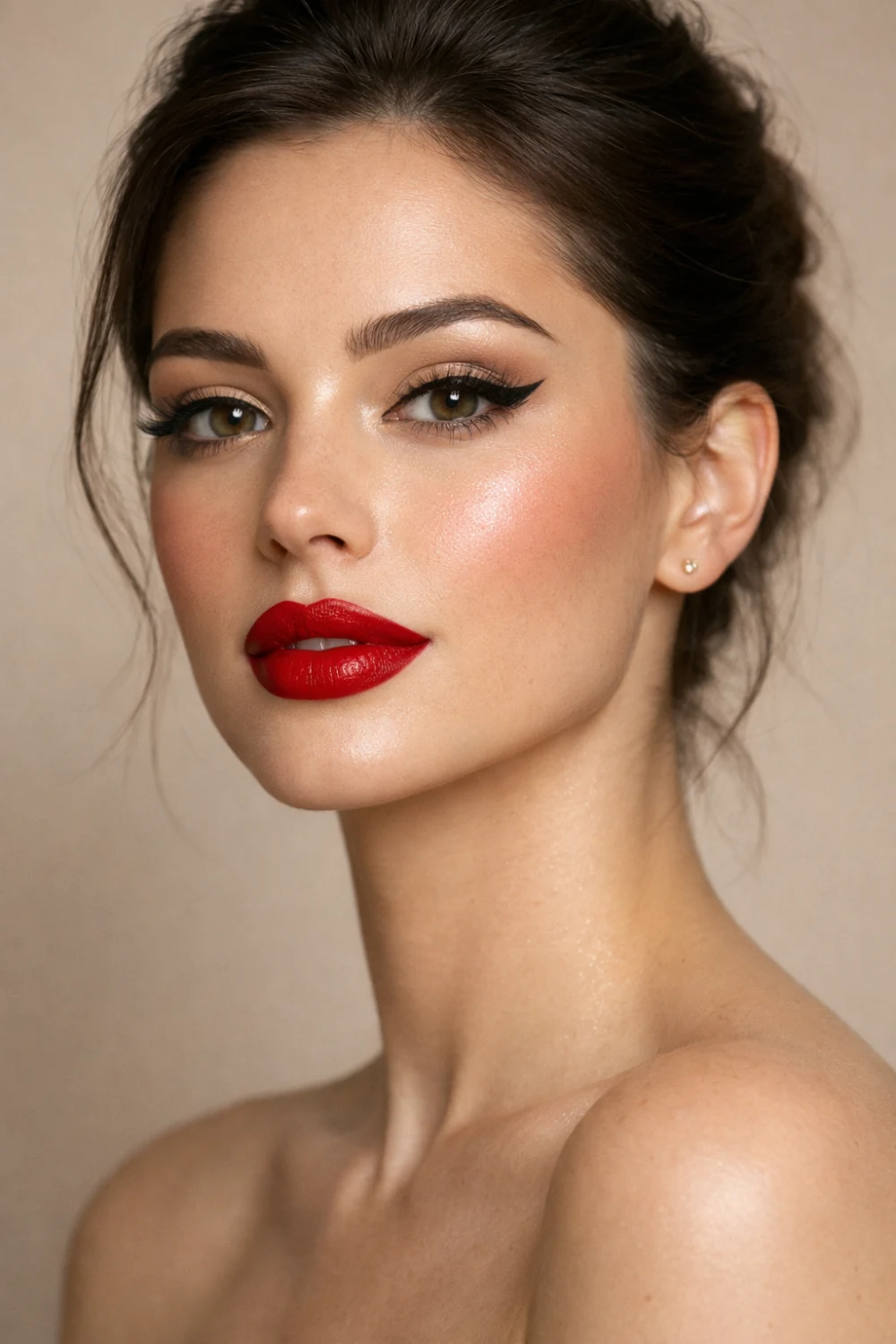 Classic cherry red lipstick makeup look with winged eyeliner and glowing skin creating an elegant glamorous beauty style perfect for timeless red lip makeup inspiration