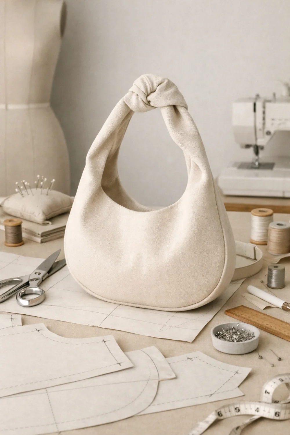 Soft knot handle hobo handbag sewing pattern displayed on a minimalist sewing table with fabric pieces, scissors and sewing tools, trendy DIY handbag idea for modern fashion lovers