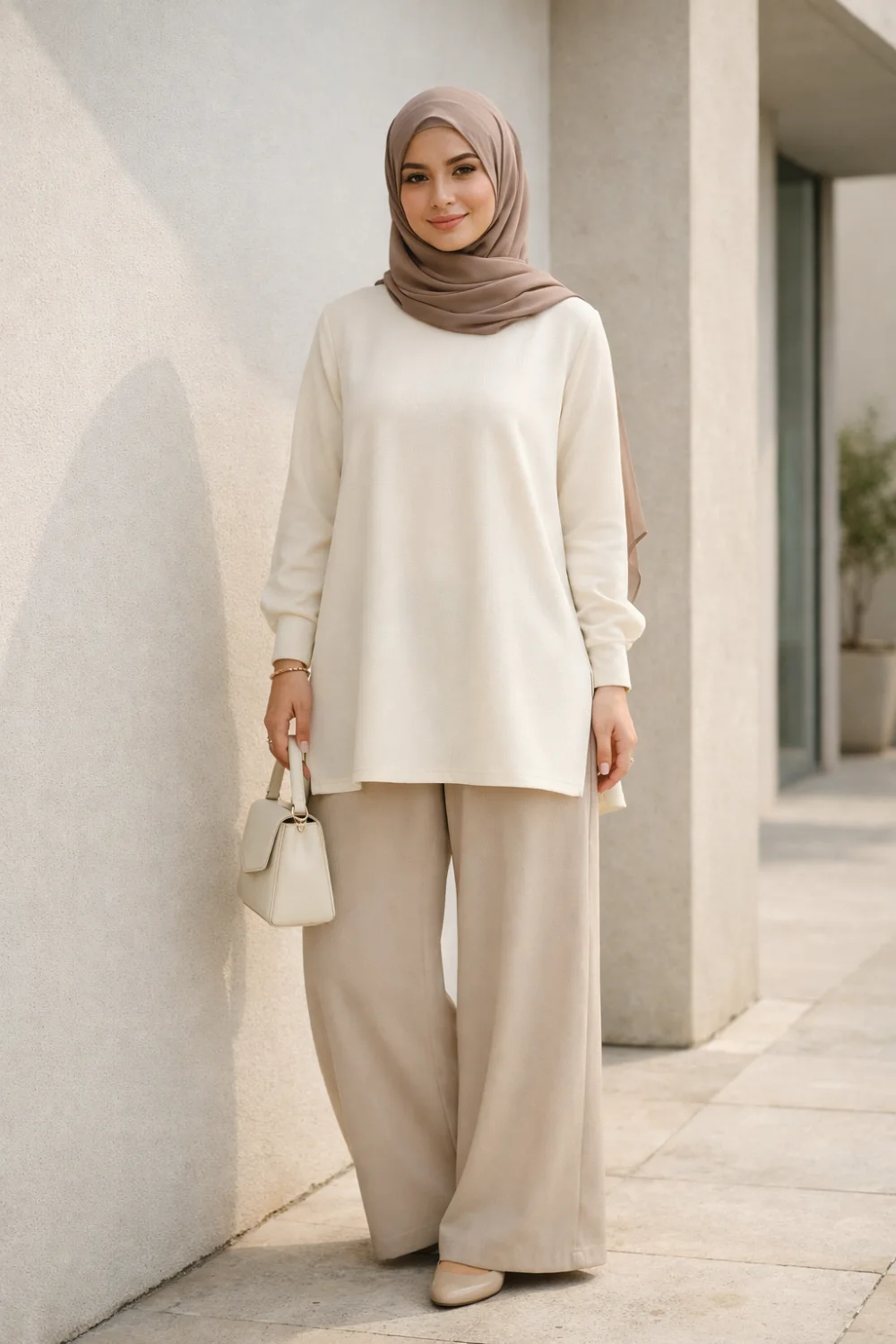 Elegant modest outfit featuring wide leg trousers paired with a long modest tunic top in soft neutral tones, styled for a chic minimalist modest fashion look.
