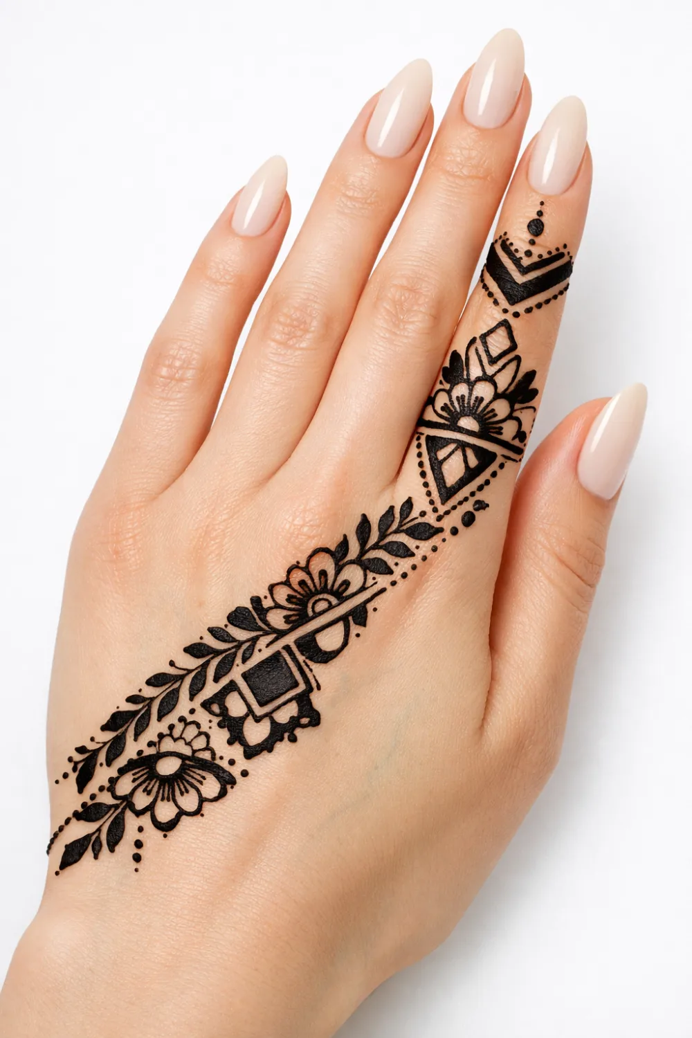 bold floral vine arabic mehndi design for back hand with modern leaf pattern stylish finger mehndi