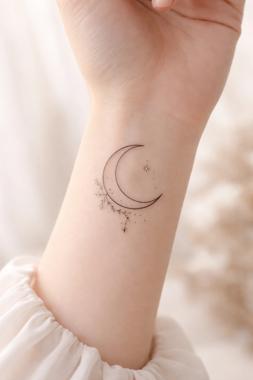 crescent moon wrist tattoo with tiny stars and fine line details, minimalist celestial tattoo design on inner wrist, aesthetic small tattoo idea for women with spiritual meaning
