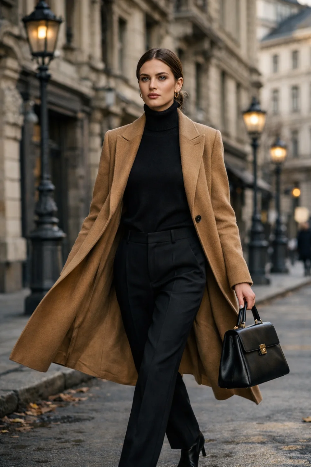 camel coat black turtleneck old money outfit women elegant winter quiet luxury style