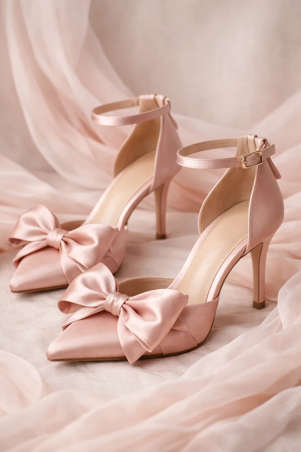 blush pink satin bow prom heels pointed toe ankle strap heels romantic prom shoes idea for elegant prom outfit