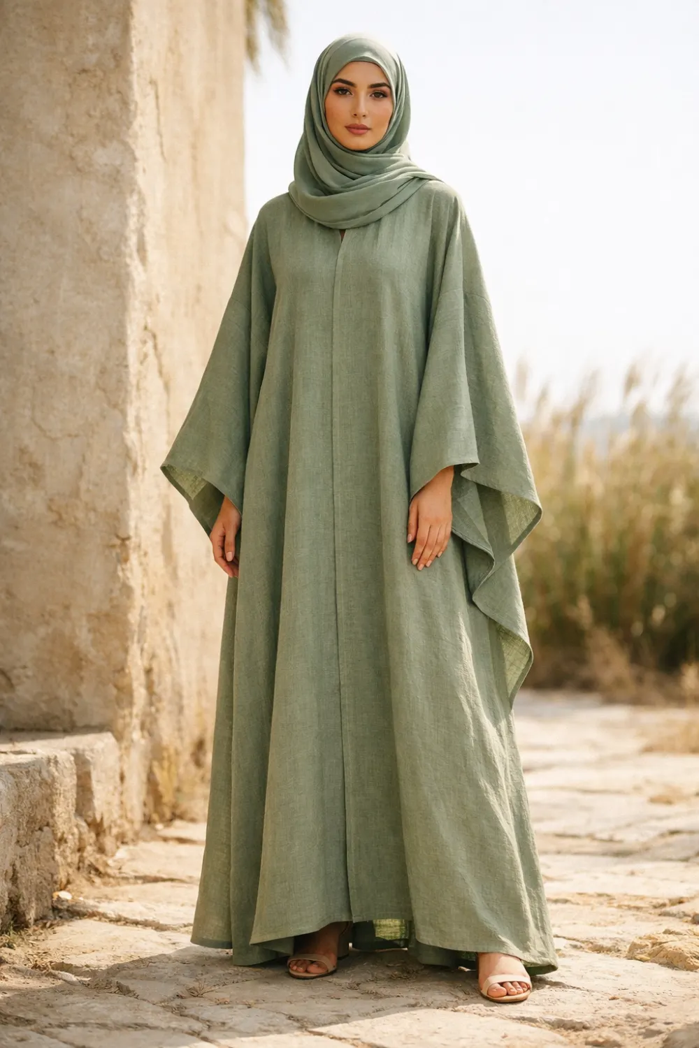 sage green linen abaya relaxed modest outfit soft breathable abaya style minimalist modest fashion inspiration