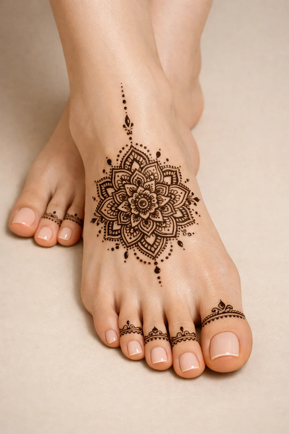 Mandala center foot mehndi design with delicate toe ring patterns