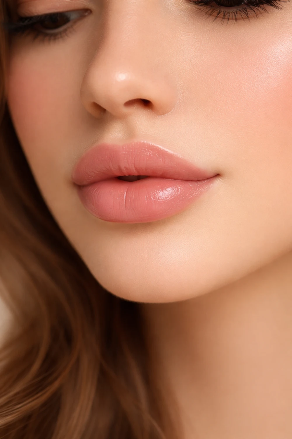 Rosy pink lipstick shade on natural lips soft feminine makeup look