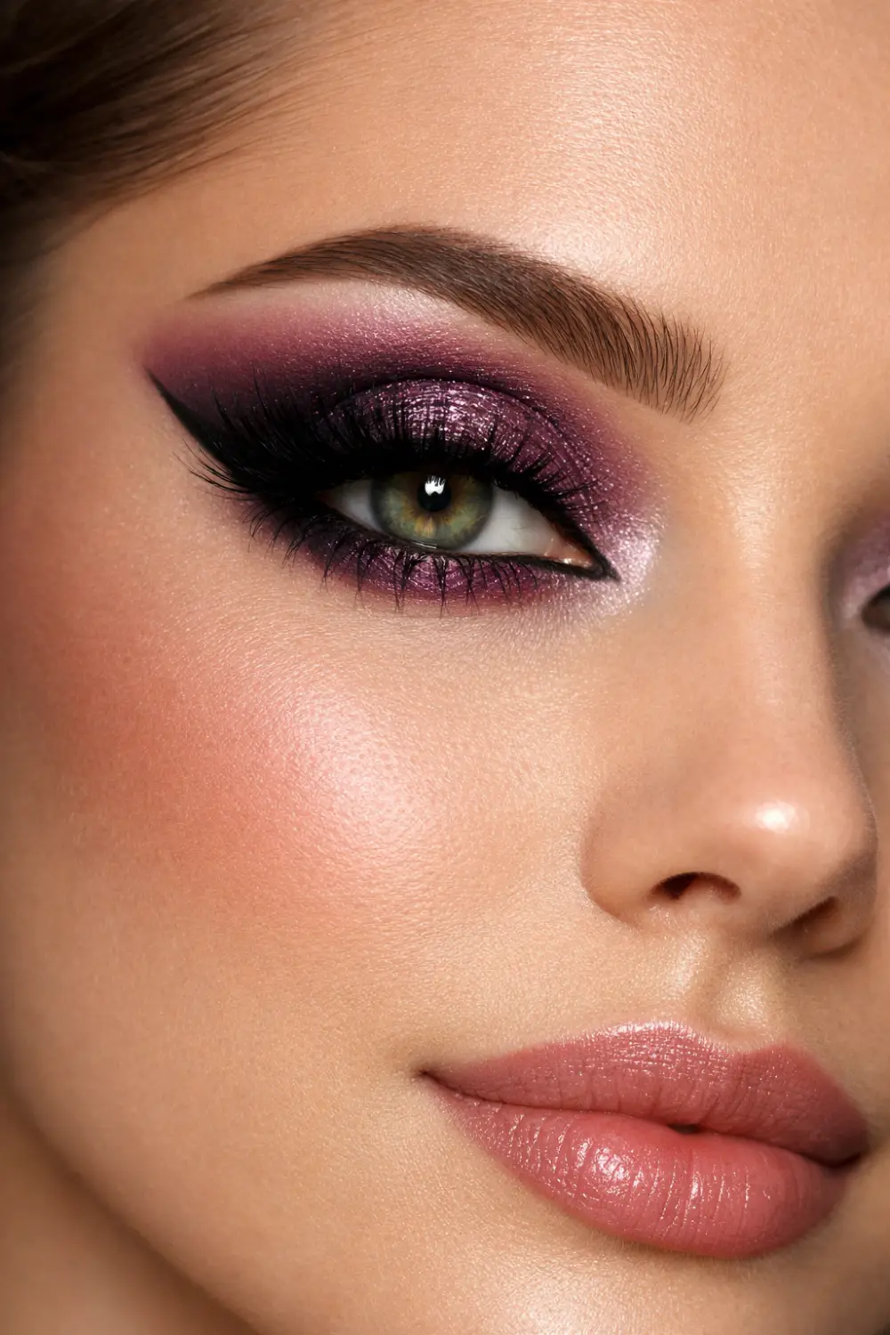 deep plum smokey eyeshadow look for green eyes with rich violet blend dramatic wing liner glam makeup close up