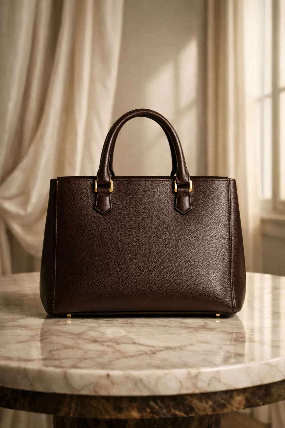 Classic brown structured leather tote bag with minimalist design