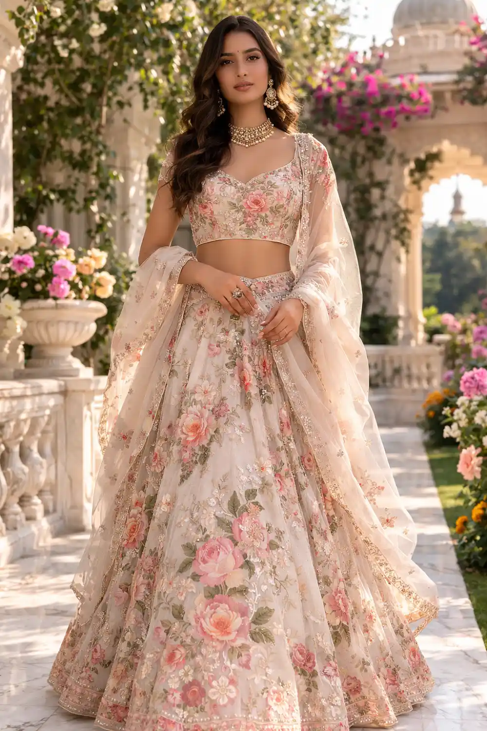 Floral embroidered lehenga choli with pastel colors elegant Indian wedding outfit