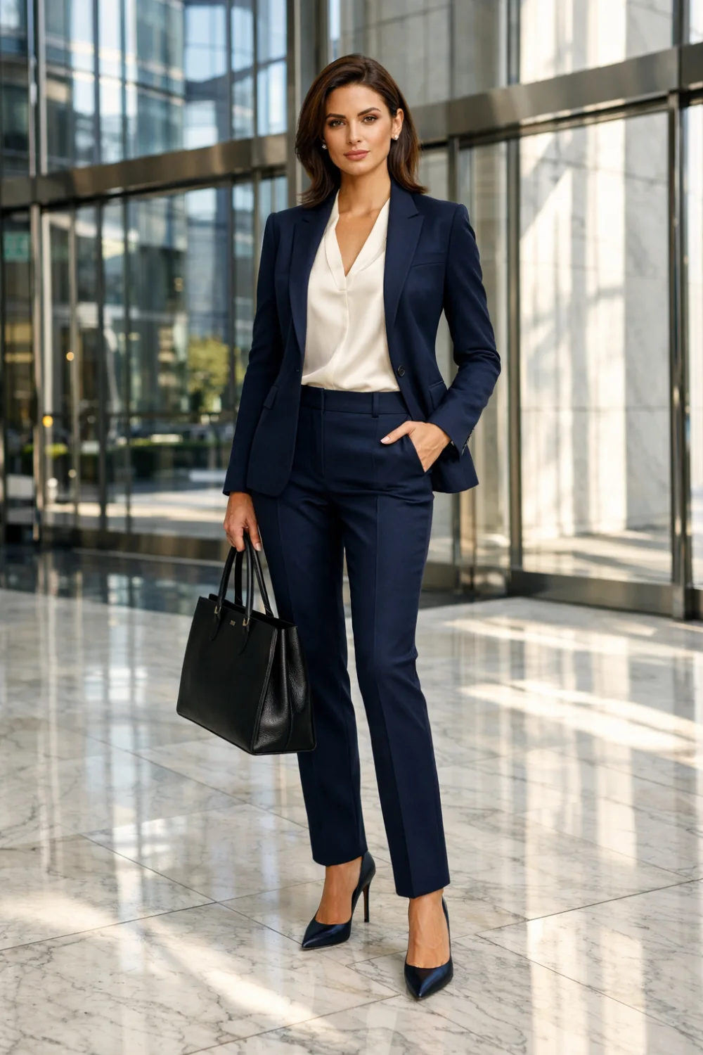 navy tailored suit with silk blouse professional women business outfit modern corporate office fashion