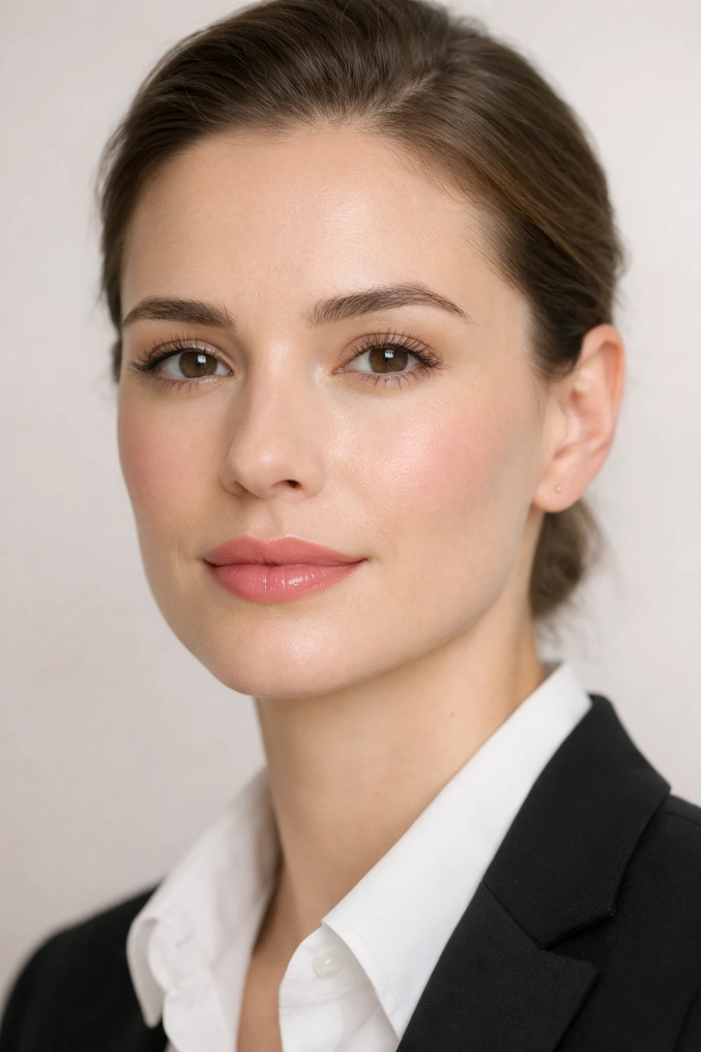 fresh natural formal makeup look for work with soft pink lips, glowing skin foundation, natural brows, and subtle office ready eye makeup