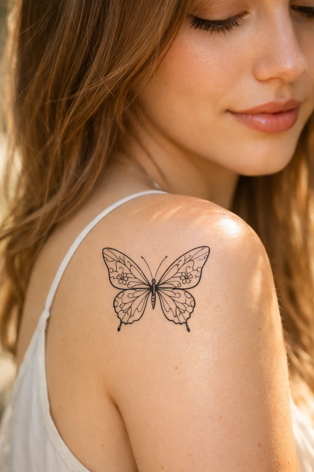 butterfly shoulder tattoo for women delicate fine line feminine minimalist butterfly tattoo design