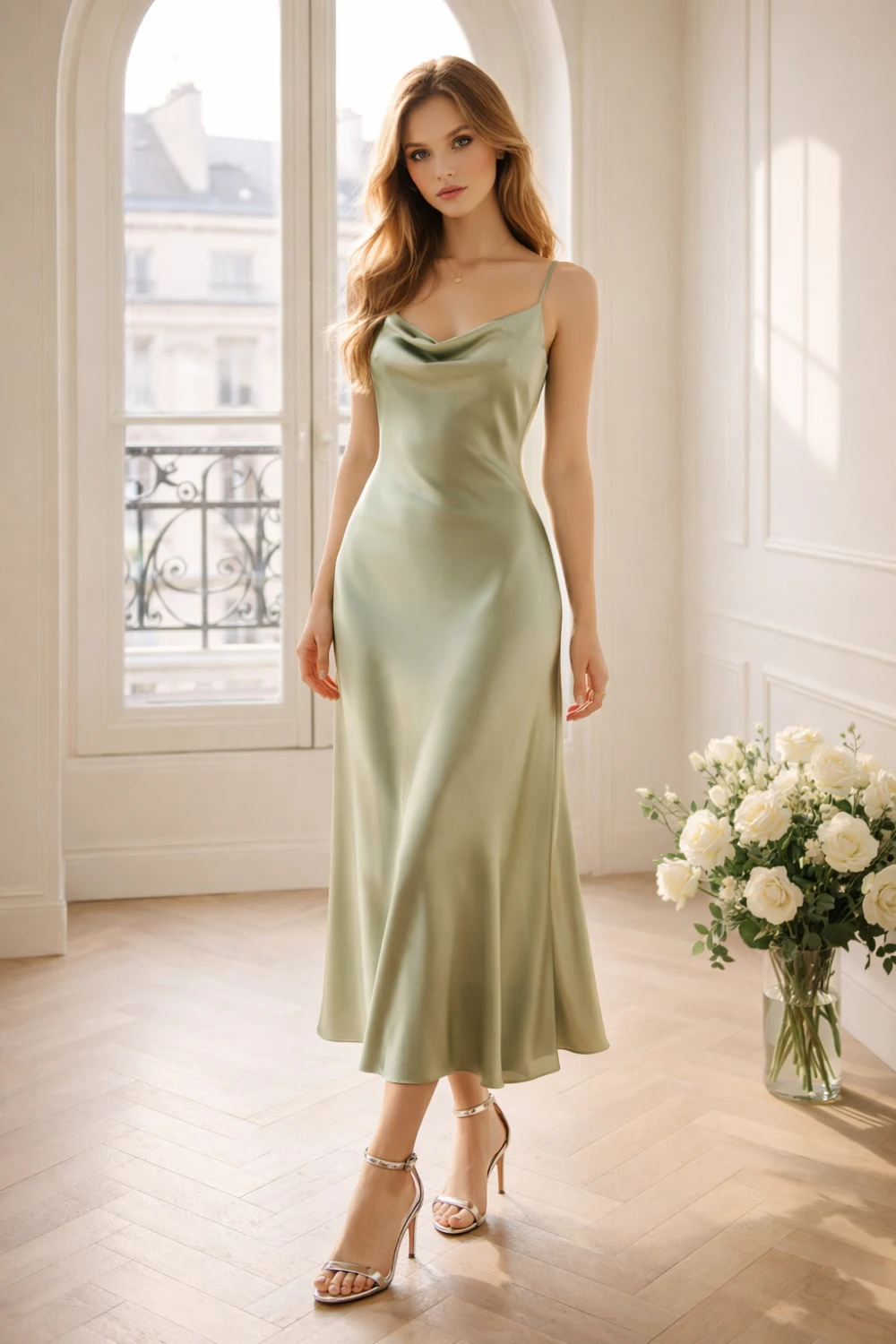 green satin slip dress elegant spring outfit minimal chic evening look