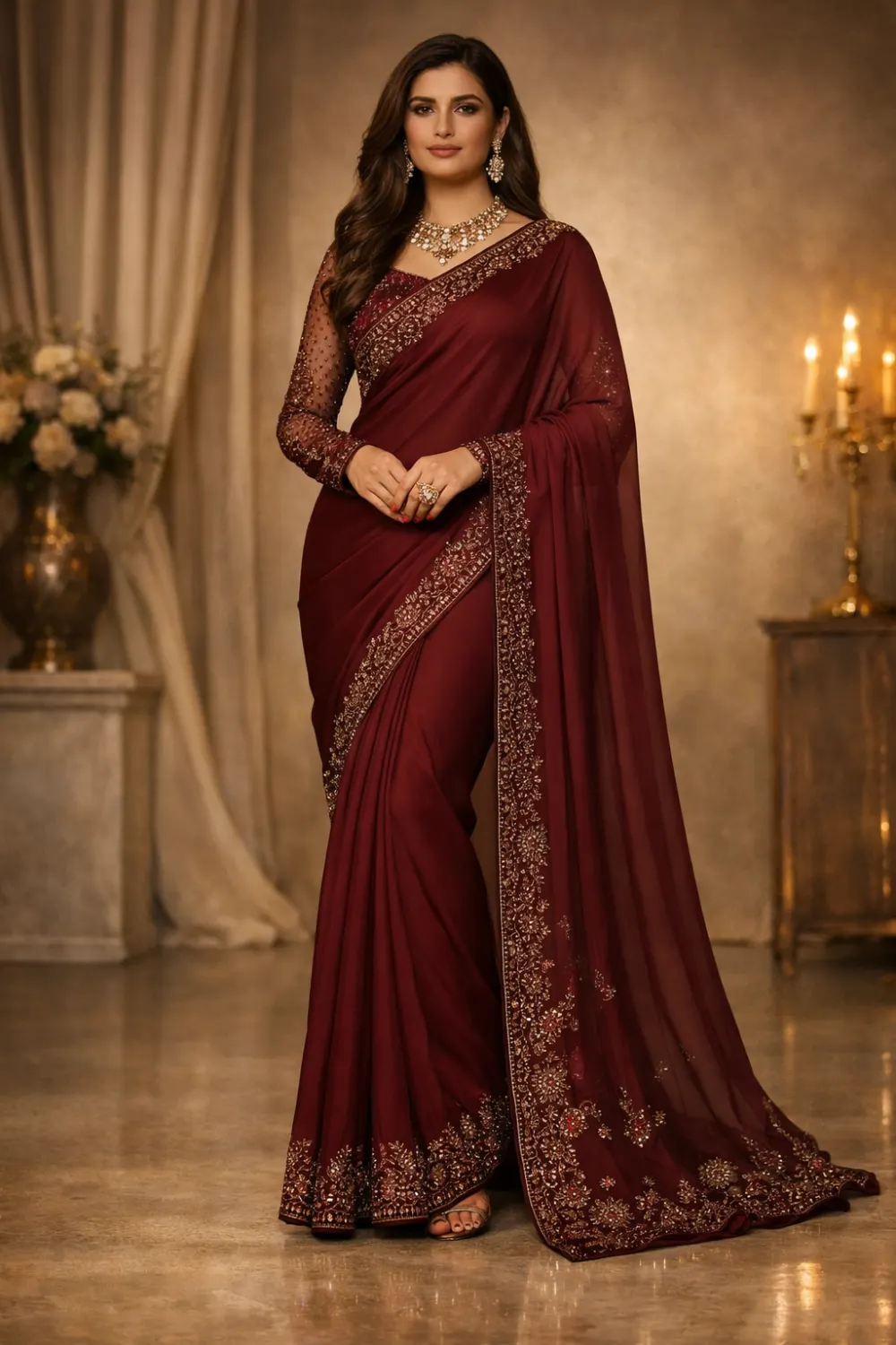 deep maroon luxury net saree embroidered border designer festive saree wedding guest party wear outfit