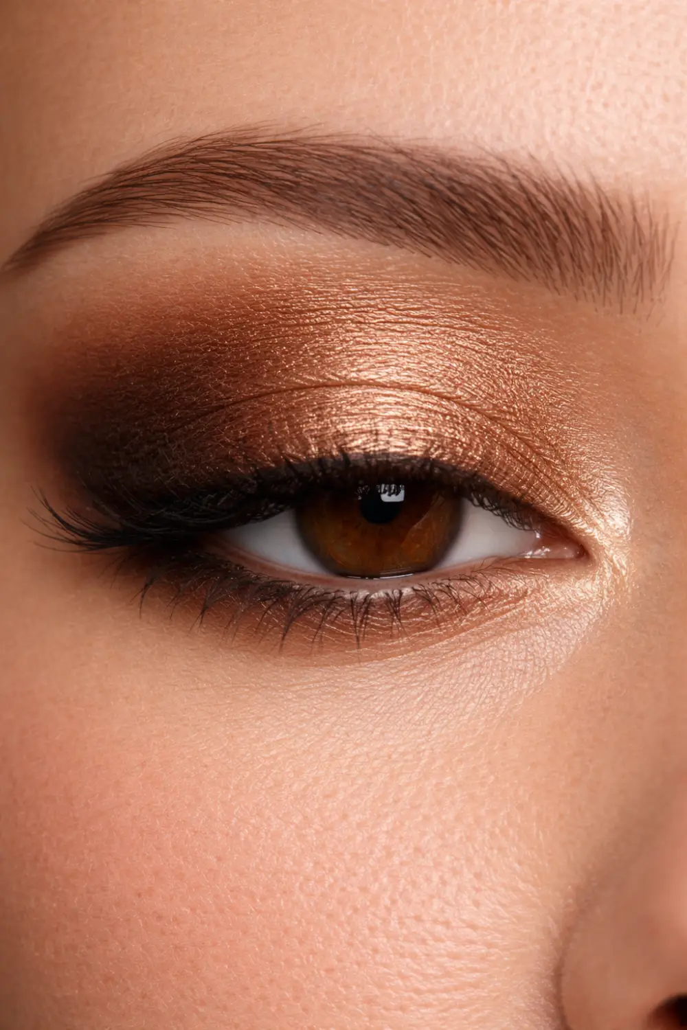 Extreme close up bronze smokey eyeshadow look for brown eyes with metallic bronze lid and dark blended outer corner glam eye makeup inspiration