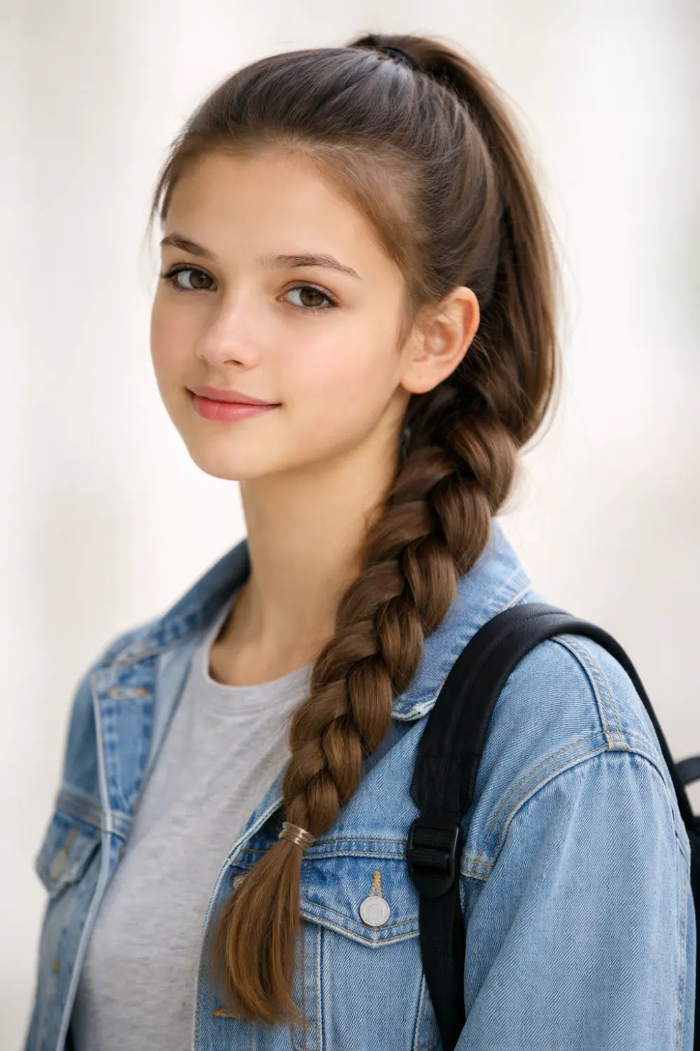 Cute side braid hairstyle for school girls with long hair styled into a neat three strand braid over the shoulder, simple everyday hairstyle idea that looks soft, trendy, and easy.