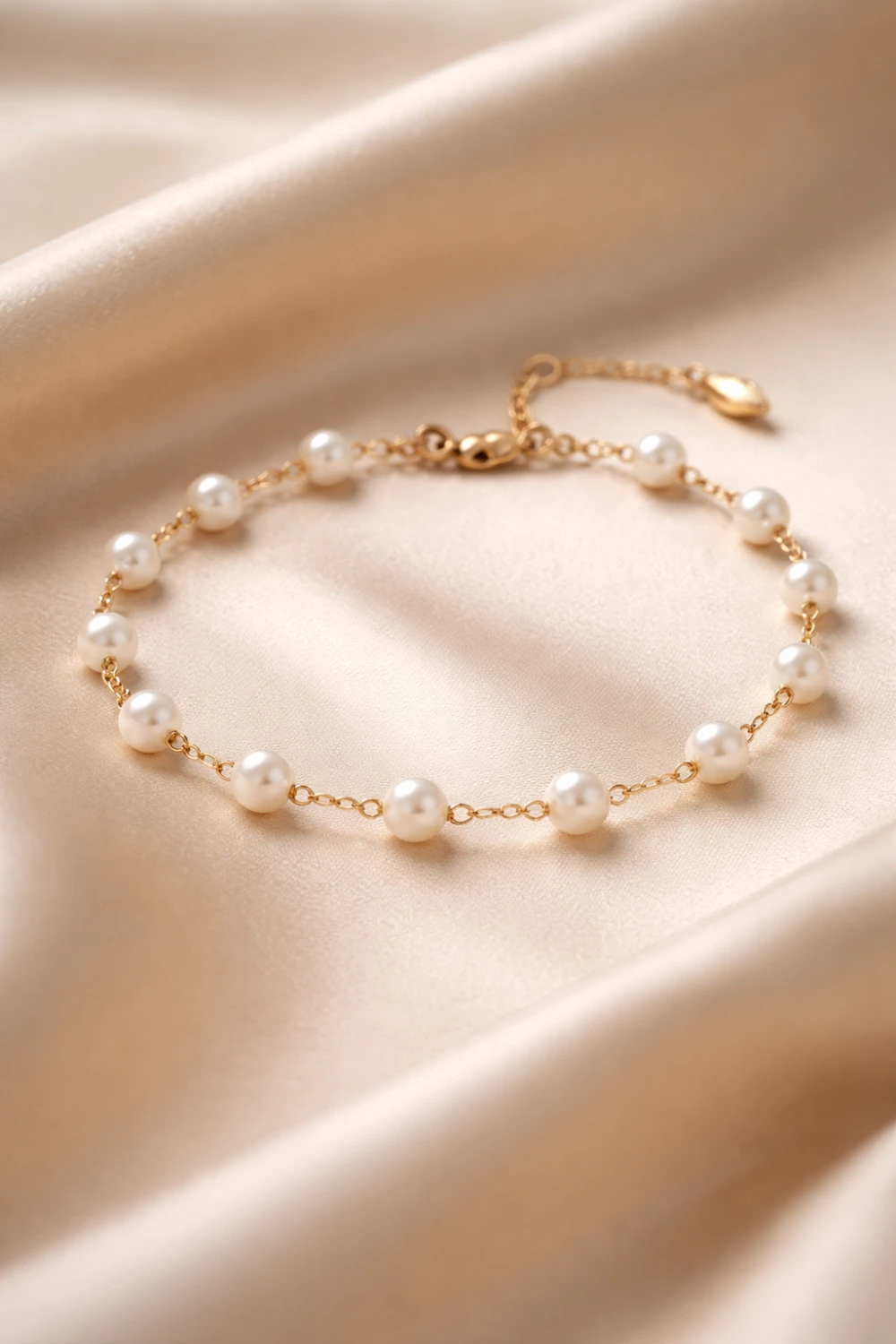 delicate pearl chain bracelet for women featuring small luminous pearls on a fine gold chain elegant old money jewelry aesthetic placed on soft fabric