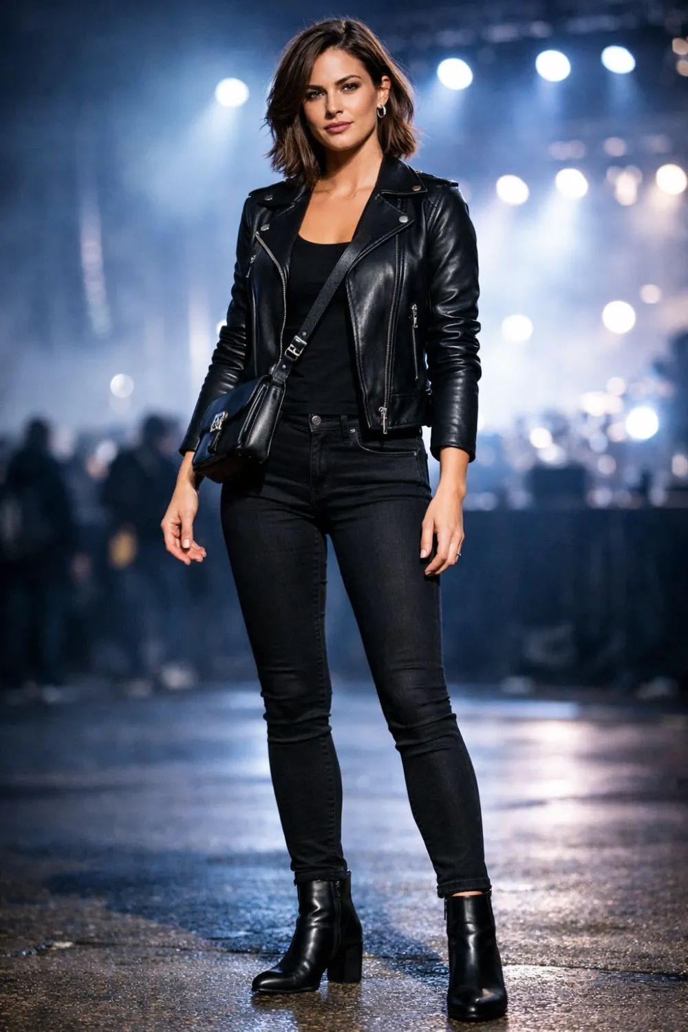 black leather jacket with skinny jeans and ankle boots rock concert outfit women edgy concert outfit ideas night concert outfit women