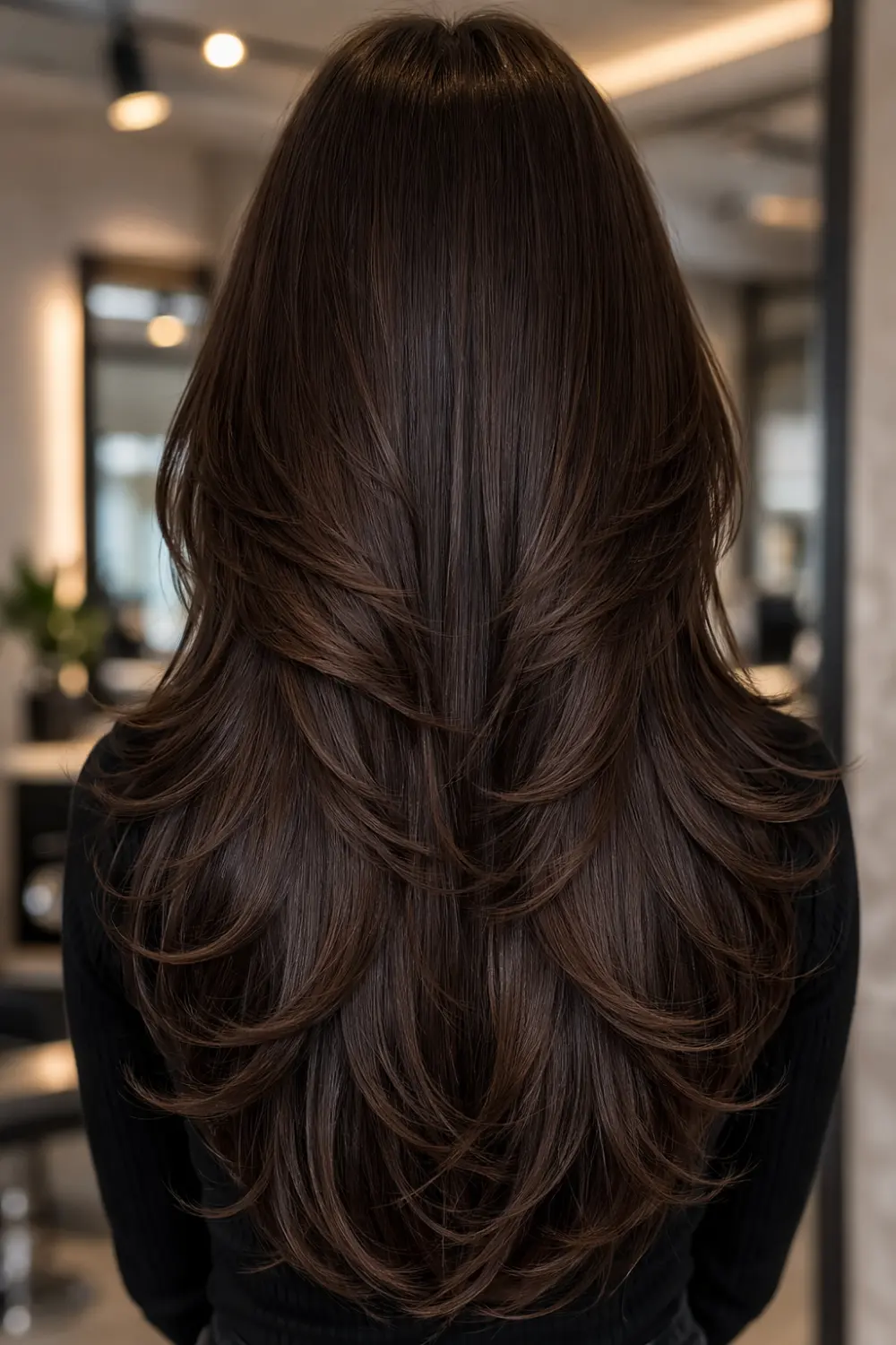 long feathered layered haircut back view with soft flowing layers, glossy healthy long hair, professional salon layered haircut inspiration