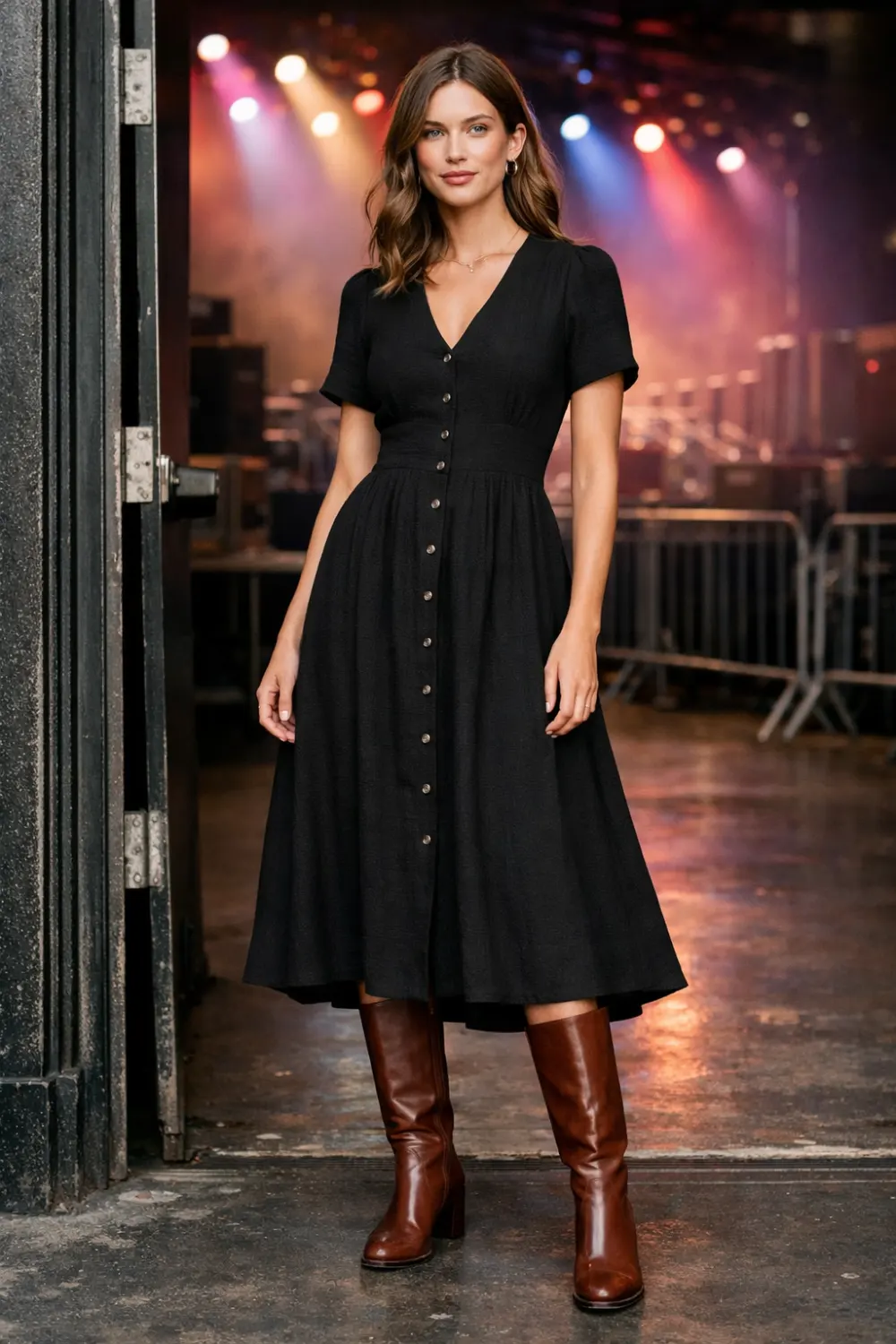 button front midi dress with knee high boots stylish concert outfit women elegant concert outfit ideas