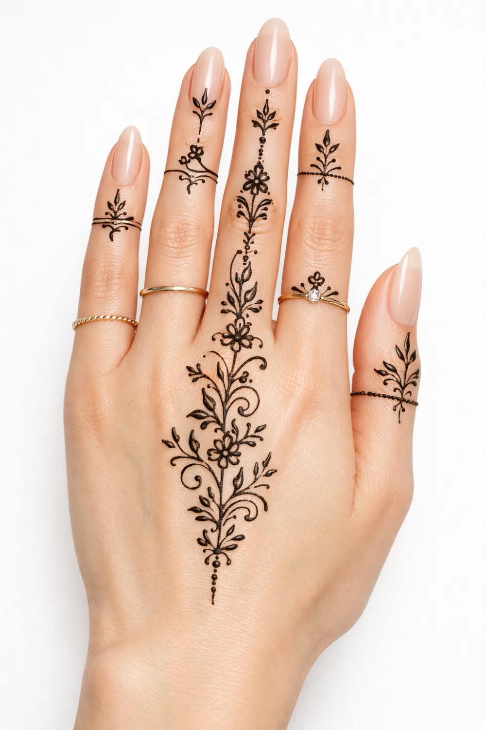 delicate vertical floral arabic mehndi design simple elegant back hand mehndi with fine line detail