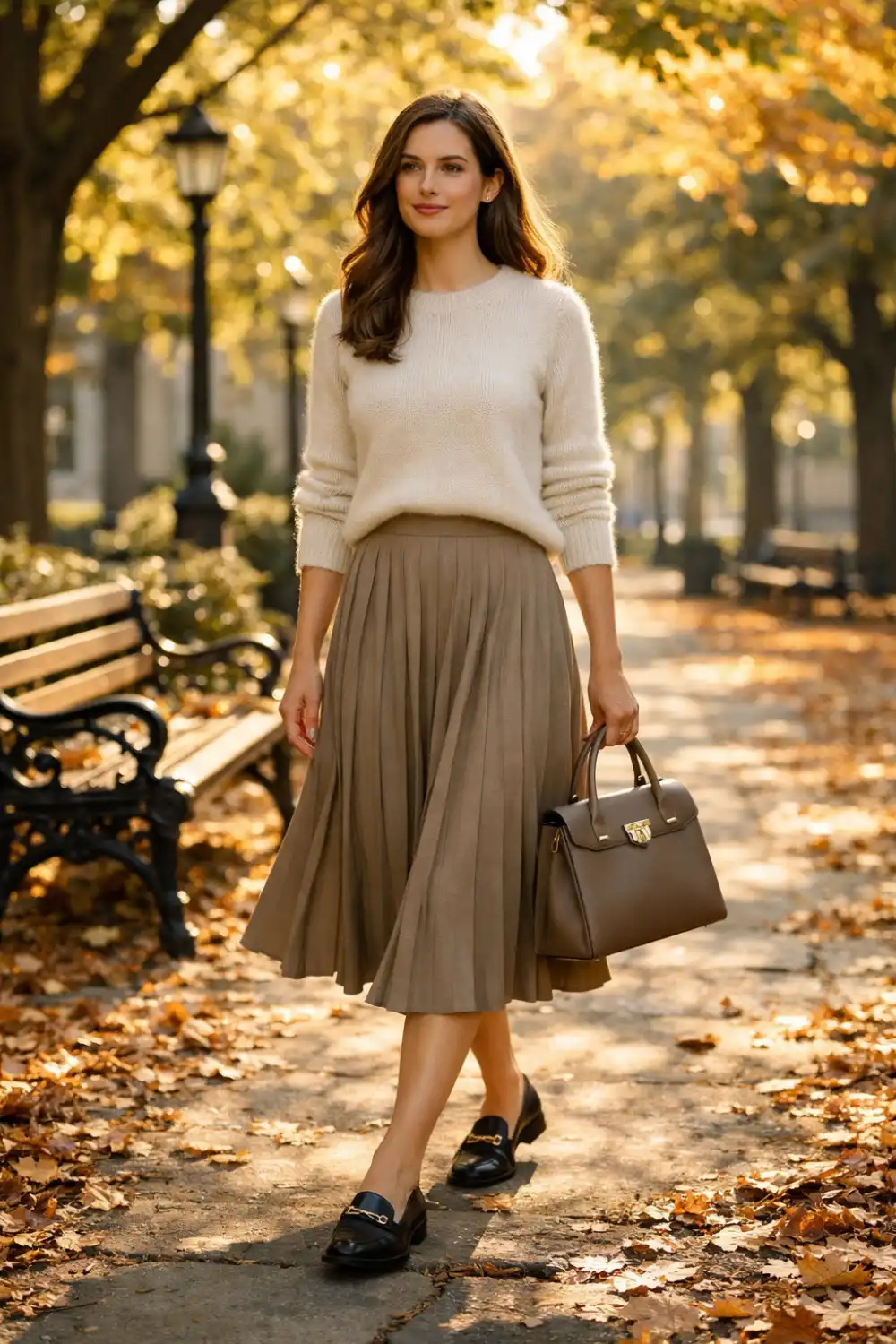 old money outfit knit sweater pleated midi skirt women elegant classic style