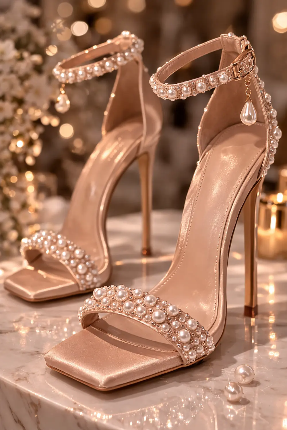 pearl embellished ankle strap prom heels champagne satin heels elegant pearl prom shoes classy prom footwear idea