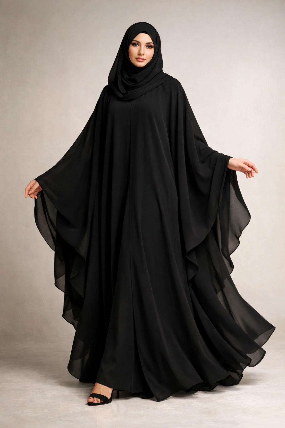 black chiffon butterfly abaya elegant flowing modest dress dramatic modest fashion abaya outfit idea