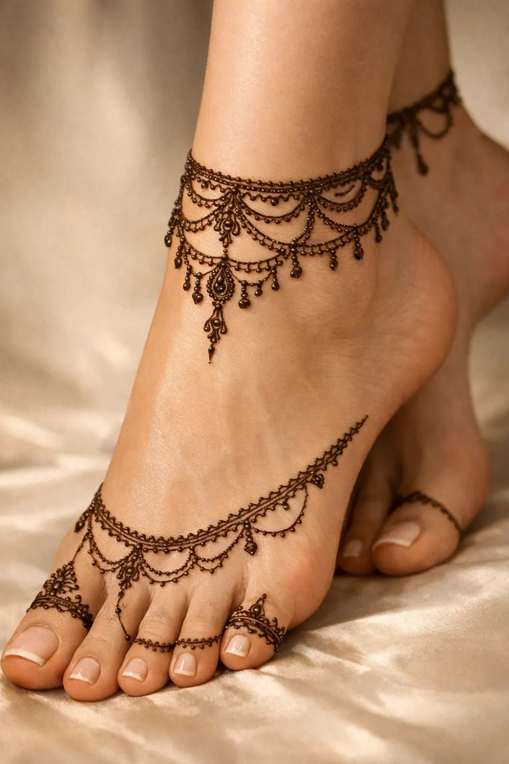 Anklet inspired mehndi design with delicate chain patterns