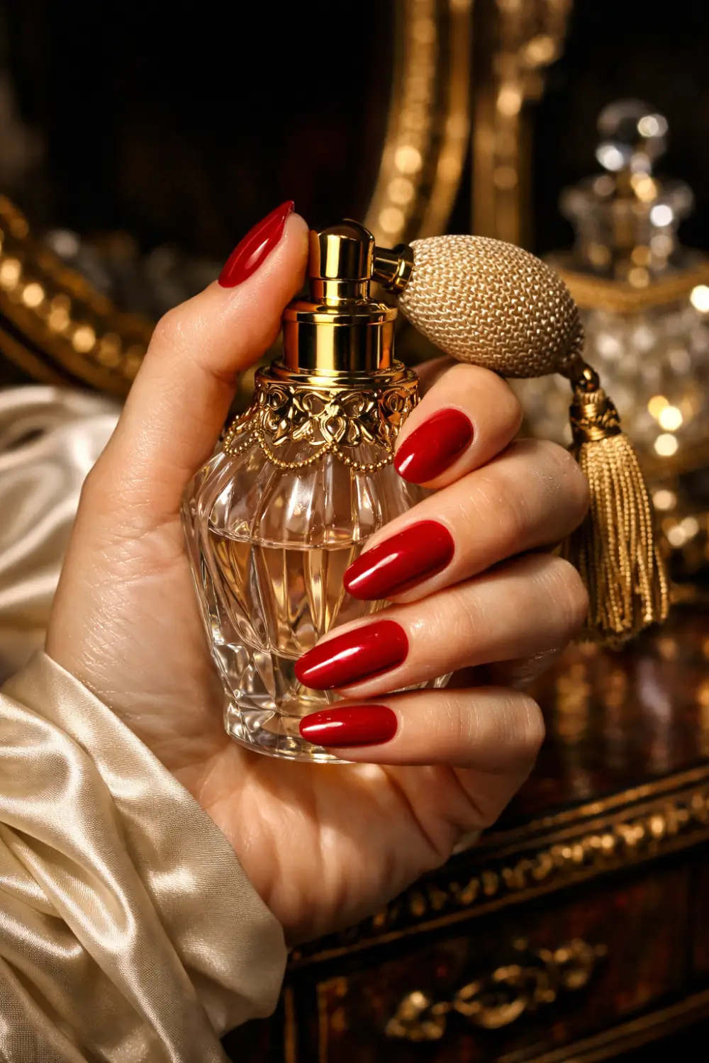 Glossy classic red almond nails holding vintage perfume bottle, creating a bold old money manicure with vintage luxury vibes