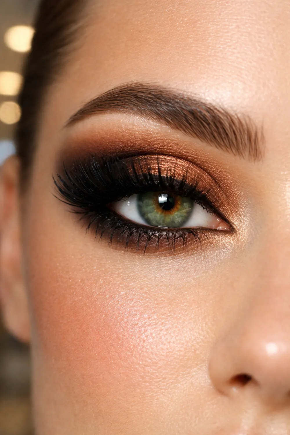 soft bronze glam eyeshadow for green eyes with warm metallic bronze lid and diffused brown smoky outer corner