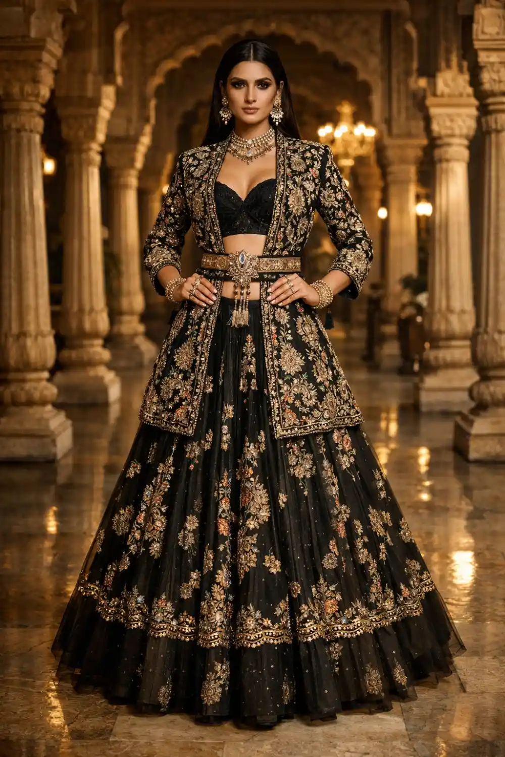 Black embroidered lehenga with designer jacket luxurious Indian wedding fashion outfit