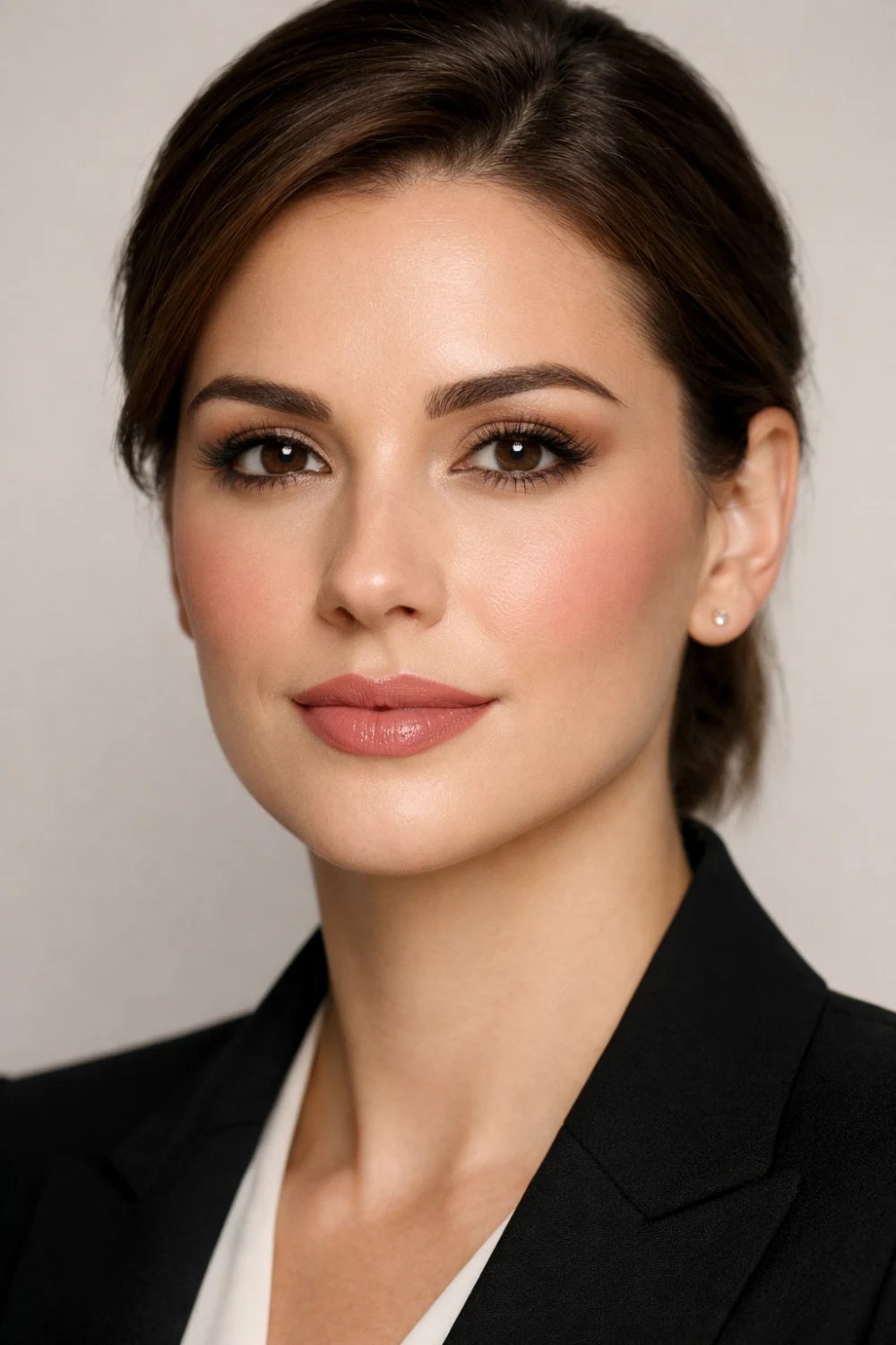 elegant neutral formal makeup for office featuring soft brown eyeshadow, natural skin finish, defined brows, and nude professional lipstick