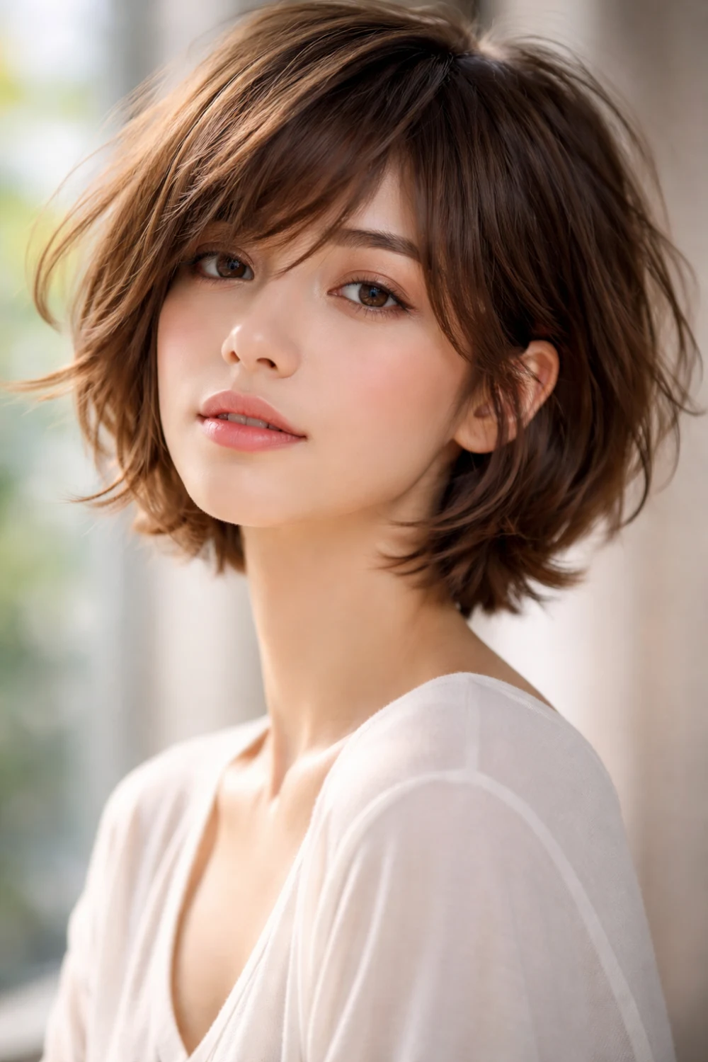 soft textured short shag hairstyle with layered messy short hair trendy modern look