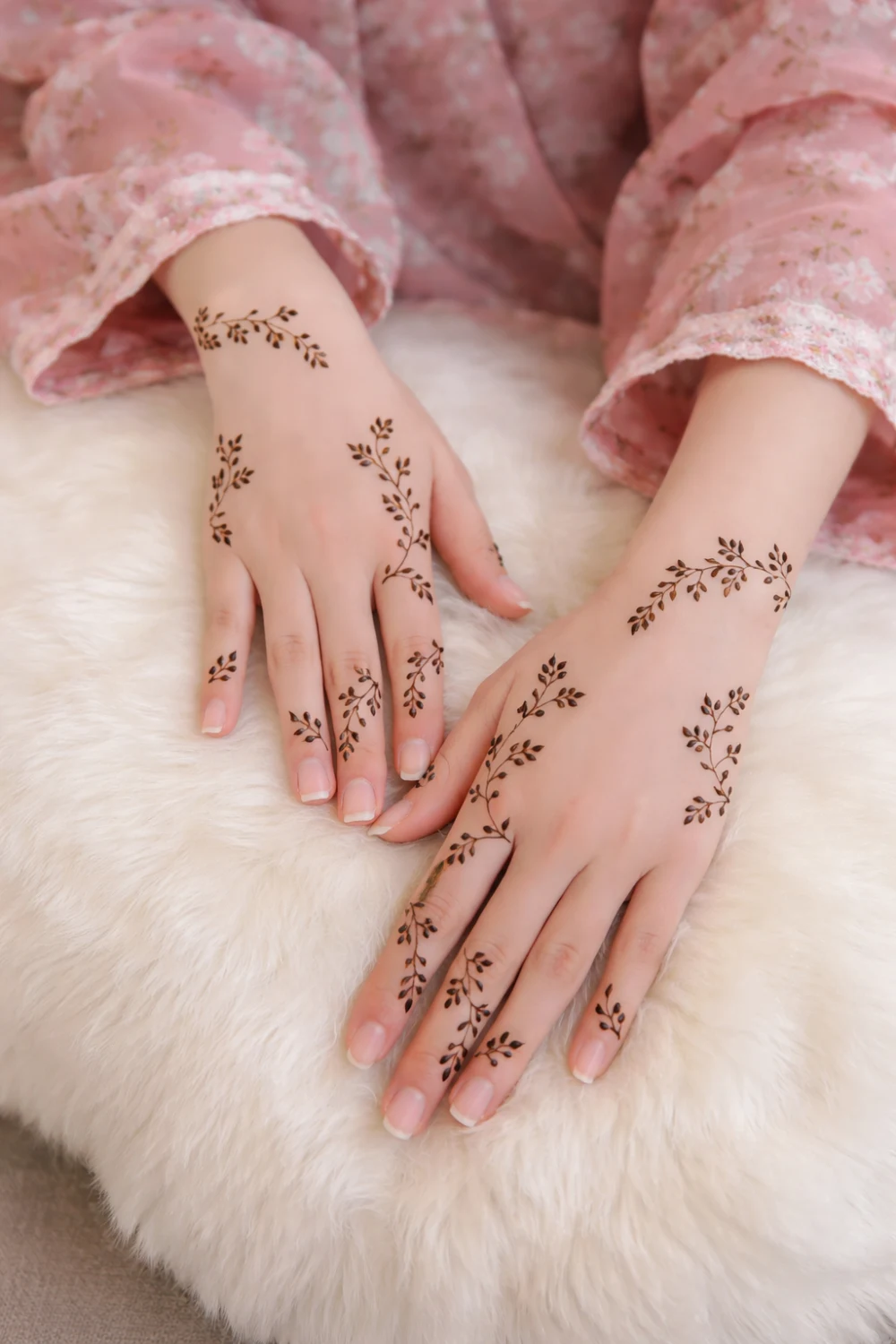 minimal leafy branch mehndi design on hands with small vine patterns delicate modern henna style inspiration