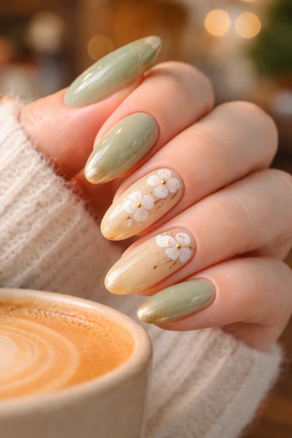 sage green ombre nails with gold tips and floral design soft aesthetic nails