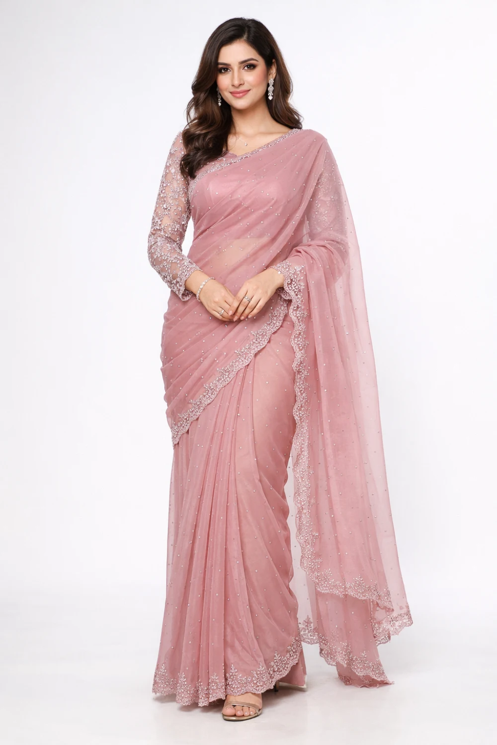 blush pink luxury net saree delicate stone work lightweight designer party wear saree elegant festive look