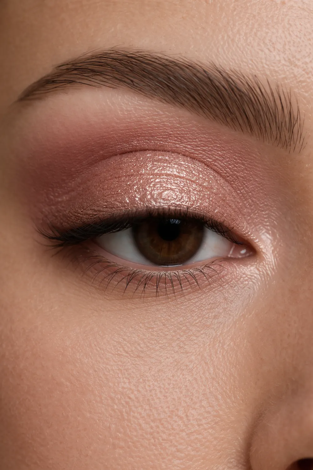 Close up rose gold shimmer eyeshadow look for brown eyes with soft pink tones blended crease romantic glam eye makeup inspiration