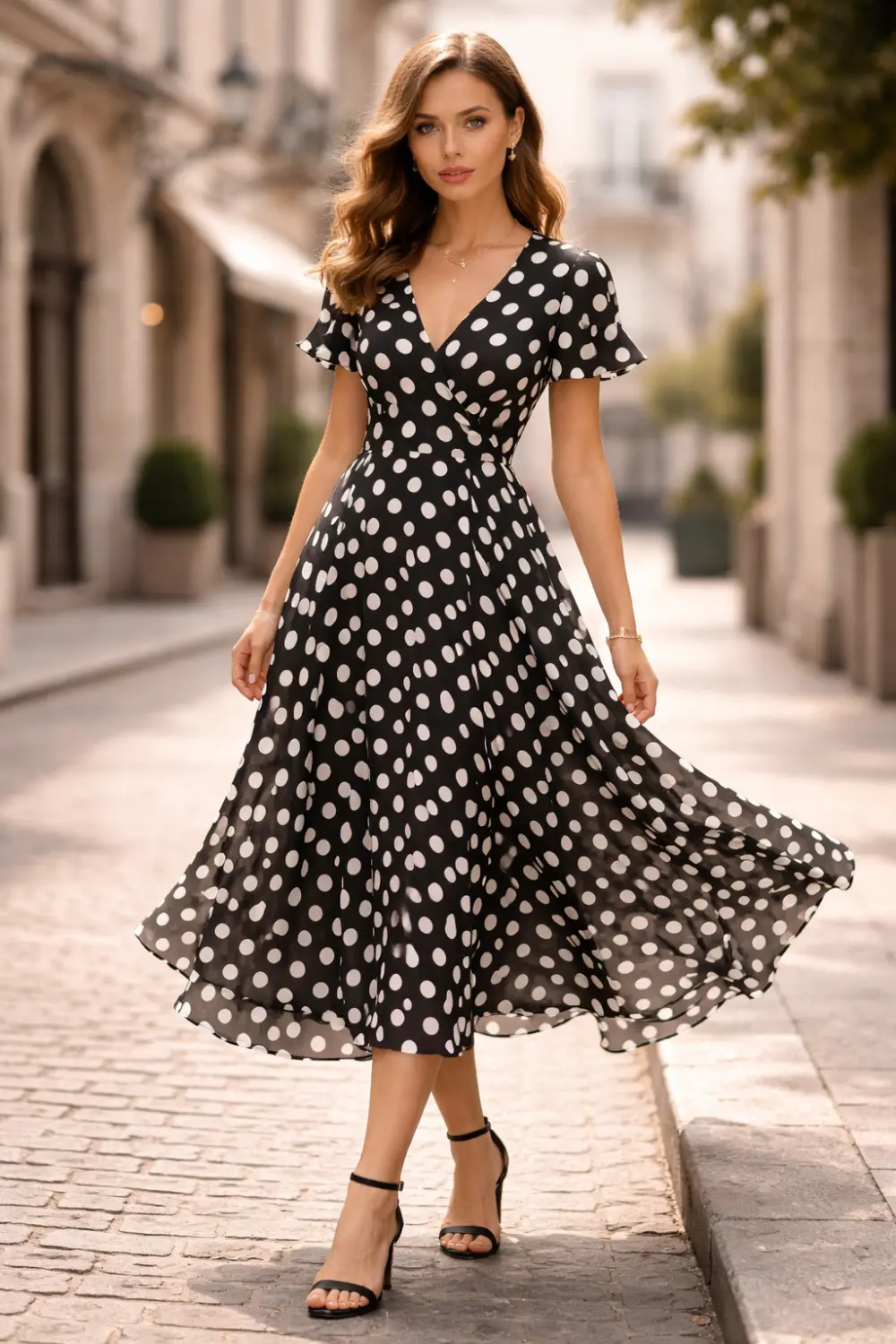 black polka dot midi dress bridal shower guest outfit chic vintage inspired look