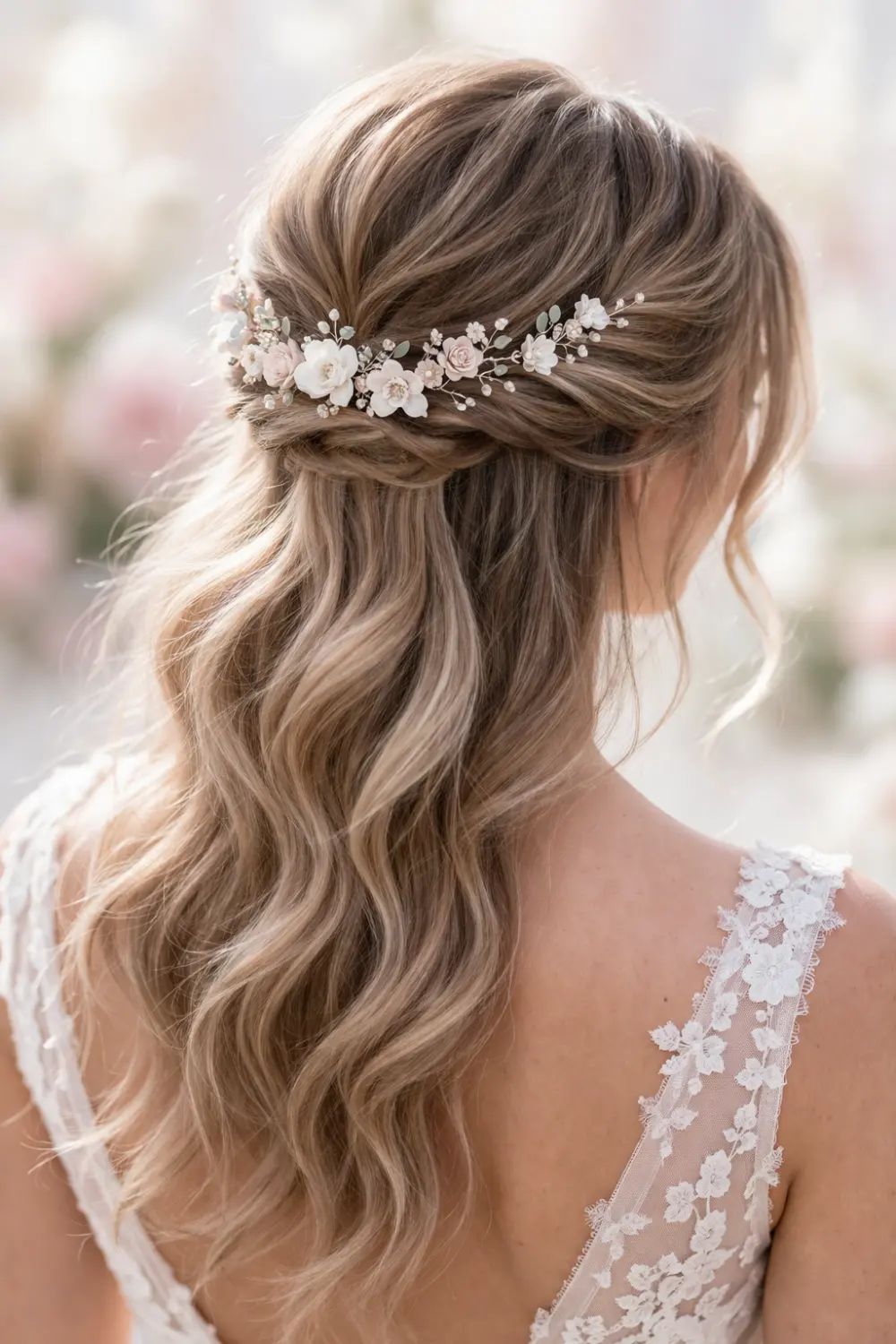 delicate white floral vine hair comb styled in romantic half up wavy bridal hairstyle with small blossoms pearl accents and soft wedding hair inspiration