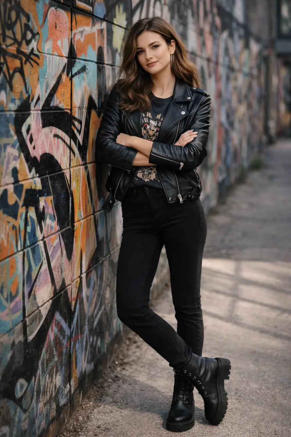 black leather jacket outfit with graphic tee black skinny jeans and chunky boots edgy cold spring outfit idea modern street style fashion look