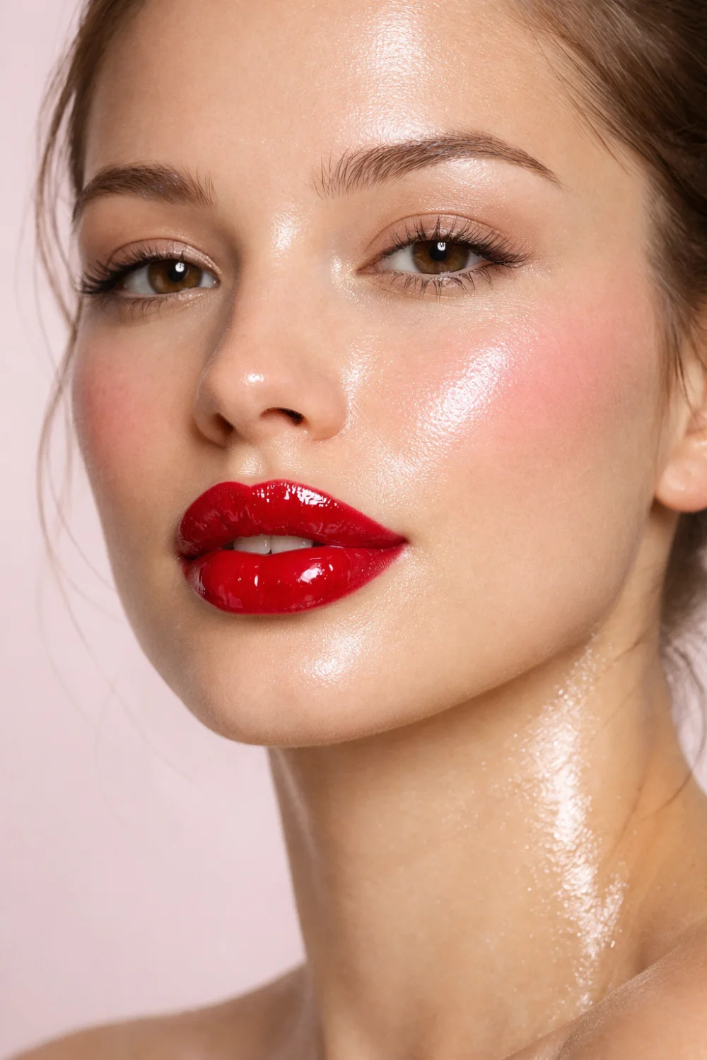 Juicy cherry red glossy lips makeup look with dewy glowing skin and soft natural eye makeup creating a fresh modern beauty style perfect for glam makeup inspiration